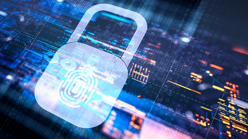 Ilustracja cyberbezpieczeństwa – kłódka i dane cyfrowe
